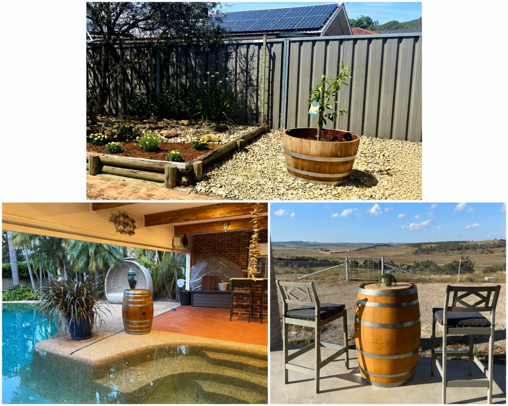 Garden Ideas Wine Barrel Planters Landscaping Ideas Backyard Makeovers Rustic Garden Beer Garden Outdoor styling ideas Garden ideas